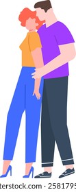 Colorful modern illustration featuring a romantic couple embracing. The man and woman are depicted in a minimalist style, highlighting affection and connection in a contemporary design