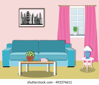 Colorful modern living room interior design with furniture.  Flat style vector illustration.