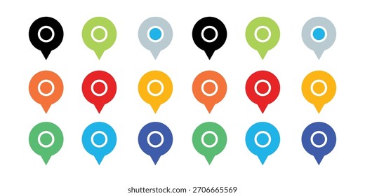 Conjunto de iconos de puntero de mapa moderno colorido. Diversos pines de Locación de estilo plano y Colección de marcadores GPS. Ilustración vectorial.