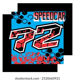 Colorful modern number 72 vector, racing design and text SPEEDCAR.