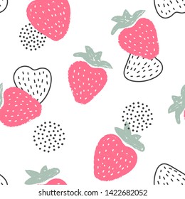 Colorful modern pattern of strawberries on white background. Strawberry top view.