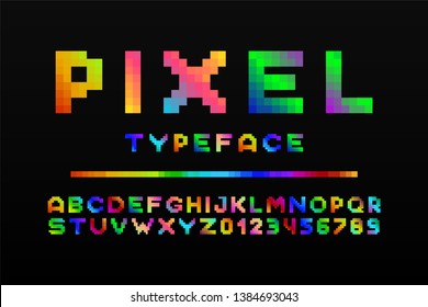 Colorful modern pixel font - video game style. Trendy english alphabet. Bright 8bit latin letters and numbers - holographic gradient design