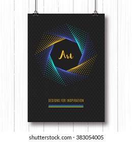 Colorful modern poster A4, pentagon halftone art design, vector logo. Geometric polygonal elements, shapes 3d, typography logo. Futuristic technology style halftone abstract background