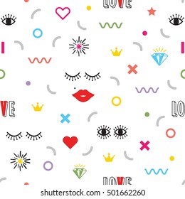 Colorful Modern Retro Feminine Fun Icons And Symbols Pattern On White Background