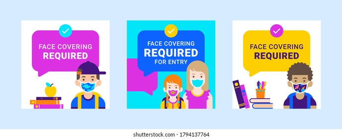 Colorful modern school templates with text boxes. Children and parents wearing masks with stylish pattern