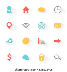 Colorful modern set of flat web icons with shadow for infographics: people, home, talk, time, geo location, wifi, web, e-mail, settings, pie chart, graphic, arrow, money, ecology, safety and search.