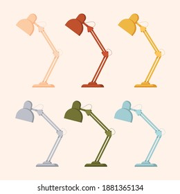 Colorful modern set of lamps. Table lamps of different shapes. Isolated objects. Cartoon illustration. Vector stock graphics.