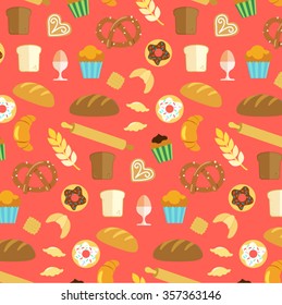 colorful modern simple flat design bakery or pastry shop background pattern wallpaper with rye and wheat products and sweets with bright red background