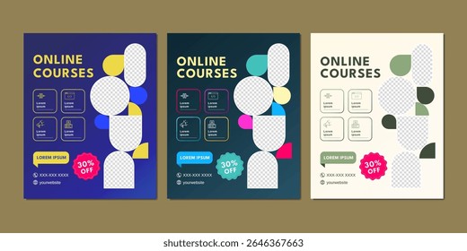 Colorful and modern social media post templates for promoting online courses. Includes editable photo placeholders and icons.