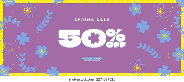 Colorful Modern Spring Sale Sign with 50% off discount and shop now button. Blue floral elements with geometric frames and typographic 50% off design. Vector Illustration. EPS 10.