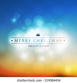 Colorful Modern Style Happy Holidays, Merry Christmas Greeting Card with Label on a Sparkling Blurred Background