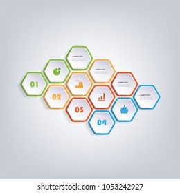 Colorful Modern Style Infographics Design - Set of Minimalist Numbered Geometric Shapes, Round Hexagons with Icons