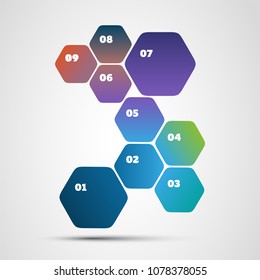 Colorful Modern Style Infographics Design - Minimalist Geometric Shapes, Numbered Hexagonal Items