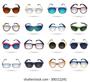 Colorful modern sunglasses square round cat eyes pictograms collection with mirror reflection effect abstract isolated vector illustration