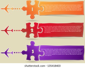 Colorful Modern Template Design Banner with Airplane, Aircraft and Jigsaw Puzzle, Vector Illustration EPS 10.