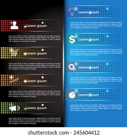 Colorful Modern Text Box Template, Colorful Glowing Dot Box Options with Business Icon on Color Polka Dots Background. Vector Illustration