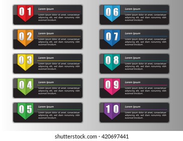 Colorful Modern Text Box Template, Colorful Rectangle Options with Number and Text Information Design. Metallic Color, Arrow Tag Design,  For Banner, Website, Brochure, Vector Illustration