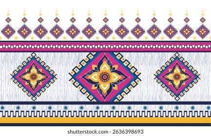 Colorful modern Thai pattern with floral diamond motifs, perfect for textiles, wallpapers, and crafts. Traditional meets trendy with bold pink, gold, and navy highlights.