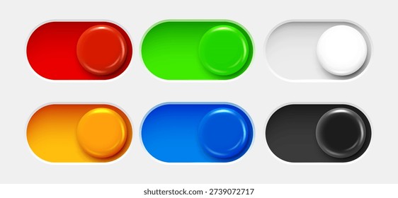 Colorful modern toggle switch buttons set for UI design. Includes glossy ONOFF sliders in various vibrant colors. Vector illustration