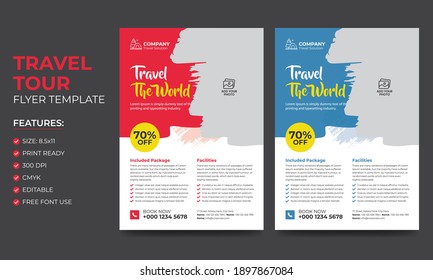Colorful Modern Travel and Vacation Flyer Design Template or Tour Poster template with brush stroke