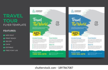 Colorful Modern Travel And Vacation Flyer Design Template Or Tour Poster Template With Brush Stroke