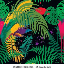 Colorful modern tropical hand drawn seamless pattern with palm, fern, monstera leaves, branches, liquid splashes, splatters, brush strokes on dirty black background. Vector tropical plants design.