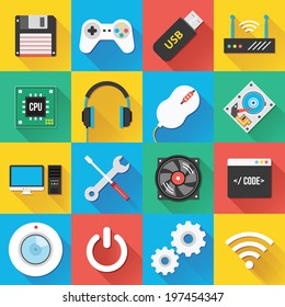 Colorful modern vector flat icons set with long shadow. Quality design illustrations, elements and concepts for web and mobile apps. Web icons, computer icons, technology icons, hardware icons etc.