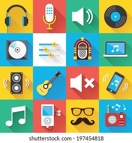 Colorful modern vector flat icons set with long shadow. Quality design illustrations, elements and concepts for web and mobile apps. Music icons, sound production icons, technology icons etc.