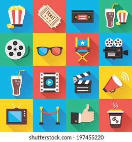 Colorful modern vector flat icons set with long shadow. Quality design illustrations, elements and concepts for web and mobile apps. Cinema icons, entertainment icons, movie production icons etc. - Shutterstock ID 197455220