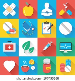 Colorful modern vector flat icons set with long shadow. Quality design illustrations, elements and concepts for web and mobile apps.Medical icons, healthcare icons, medical research icons, drugs etc. 