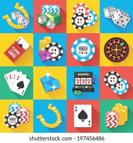 Colorful modern vector flat icons set with long shadow. Quality design illustrations, elements and concepts for web and mobile apps. Gambling icons, casino icons, money icons etc.