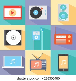 Colorful modern vector flat icons set with long shadow. Quality design illustrations, elements and concepts for web and mobile apps. Music icons, sound production icons, technology icons etc.