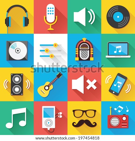 Colorful modern vector flat icons set with long shadow. Quality design illustrations, elements and concepts for web and mobile apps. Music icons, sound production icons, technology icons etc.