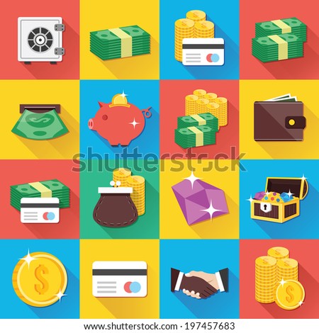 Colorful modern vector flat icons set with long shadow. Quality design illustrations, elements and concepts for web and mobile apps. Finance icons, banking icons, money icons, business icons etc.