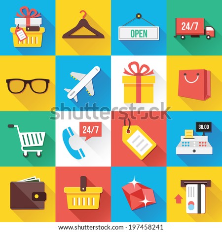 Colorful modern vector flat icons set with long shadow. Quality design illustrations, elements and concepts for web and mobile applications. Ecommerce icons, shopping icons, business icons etc.