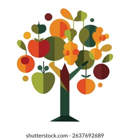 Colorful modern vector illustration of a fruit tree with various fruits and leaves