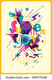 Colorful modish summer poster with abstract composition, made of various shapes and typography. Vector illustration.