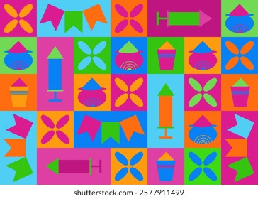 Colorful modular design with Holi festival elements, including pichkaris, water pots, floral motifs, and festive flags in vibrant pink, orange, blue, and green tones, symbolizing joy and celebration