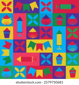 Colorful modular pattern inspired by Holi celebrations with abstract elements like pots, rockets, banners, and floral designs in vibrant red, blue, green, yellow, and purple tones.