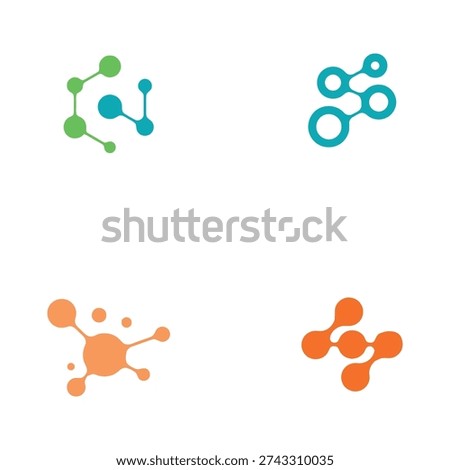 Colorful molecular structure icons with interconnected circles and lines on white background icon