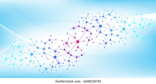 Colorful molecules background. DNA helix, DNA strand, DNA Test. Molecule or atom, neurons. Abstract structure for science or medical background, banner. Scientific molecular vector illustration.