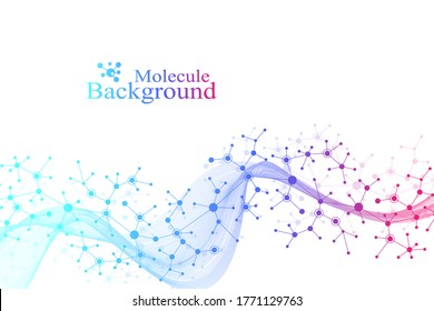 Colorful molecules background. DNA helix, DNA strand, DNA Test. Molecule or atom, neurons. Abstract structure for science or medical background, banner. Scientific molecular vector illustration.