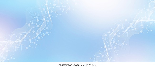 Colorful molecules background with DNA helix, DNA strand, DNA Test. Molecule or atom, neurons. Abstract structure for science, healthcare or medical background, banner. Scientific vector illustration.