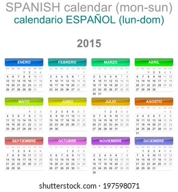 Colorful Monday to Sunday 2015 Calendar Spanish Language Version Illustration