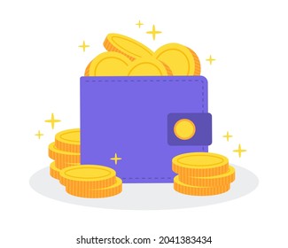 Colorful money wallet or purse full of golden coins. Creative financial concept of wealth, rich or savings.  Simple trendy cute cartoon object vector illustration. Flat Style graphic design icon.