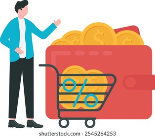 Cartera de dinero colorido o monedero lleno de monedas de oro. Concepto financiero creativo de riqueza, riqueza o ahorro. Simple de moda linda Ilustración vectorial de objetos de dibujos animados. Diseño gráfico de estilo plano

