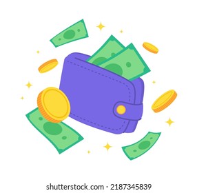 Monedero o billetera de dinero colorido con monedas y billetes dorados. Concepto financiero creativo de riqueza, riqueza o ahorro.  Simple diseño lindo dibujo del vector de dibujos animados. Icono de diseño gráfico plano.