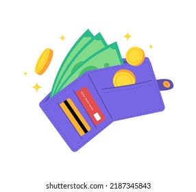 Monedero o billetera de dinero colorido con monedas de oro, billetes y tarjetas de crédito. Concepto financiero creativo de riqueza, riqueza o ahorro.  Ilustración vectorial de dibujos animados atractivos. Icono de diseño gráfico.