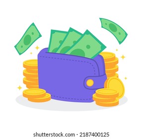 Colorful money wallet or purse with golden coins and banknotes. Creative financial concept of wealth, rich or savings.  Simple trendy cute cartoon object vector illustration. Flat graphic design icon.