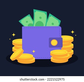 Colorful money wallet or purse with golden coins and banknotes. Creative financial concept of wealth, rich or savings.  Simple trendy cute cartoon object vector illustration. Flat graphic design icon.